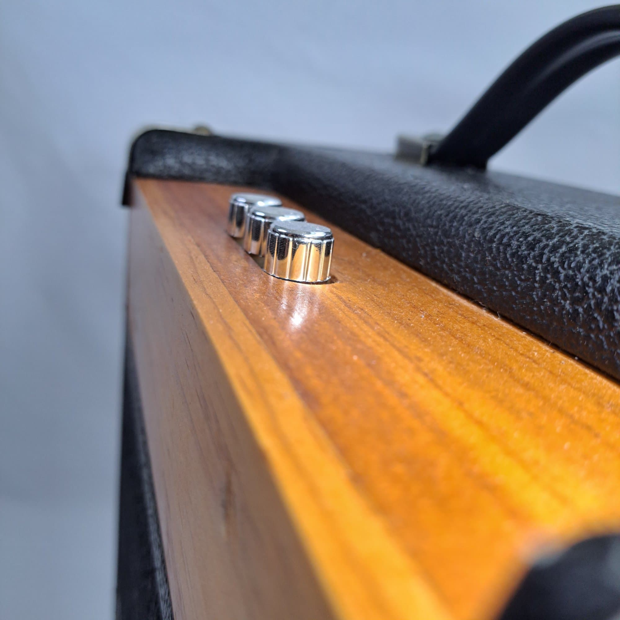 Detail of the cane front amp showing the timber edge and chrome controls