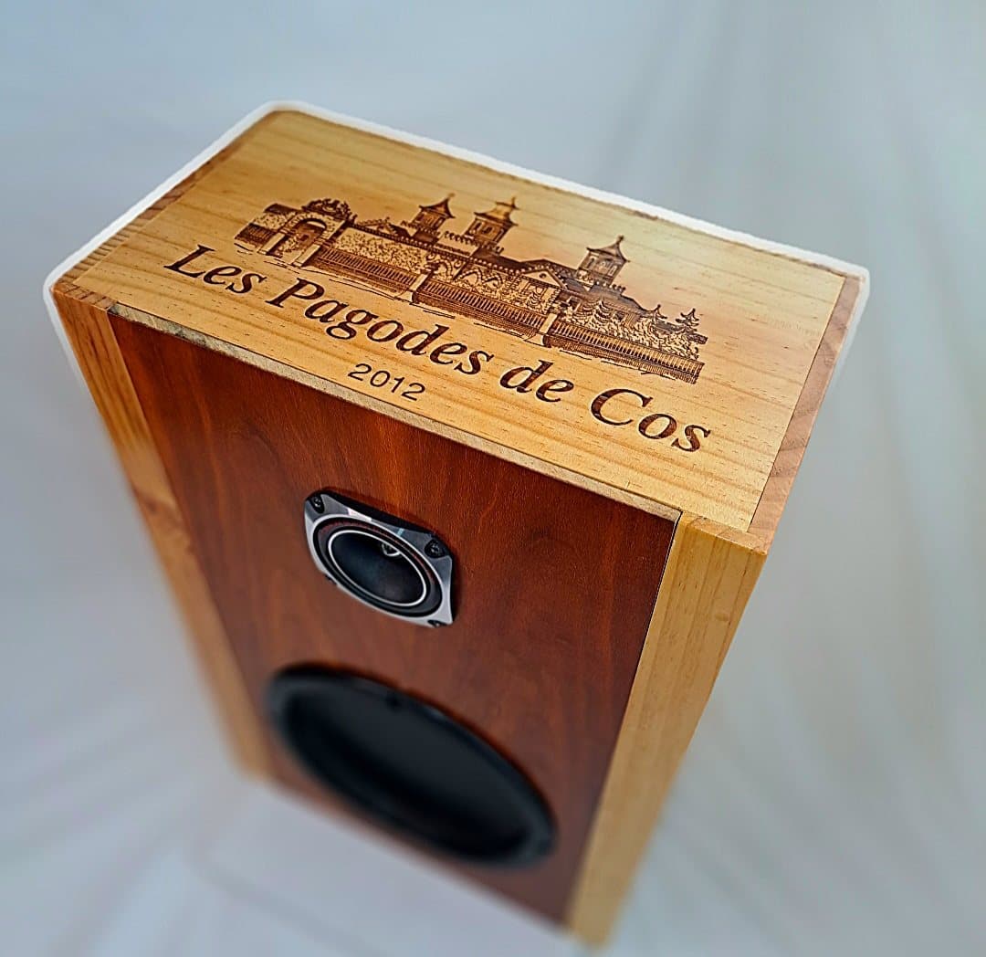 Les Pagodes de Cos 2012 wine box stood on end with a tweeter and a woofer set into the front