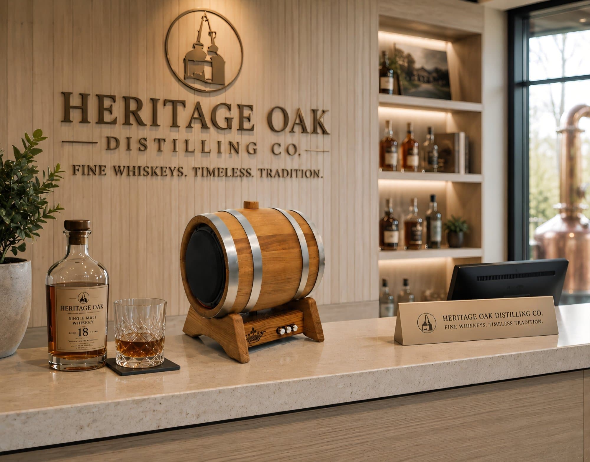 Barrel speaker on a distillery bar