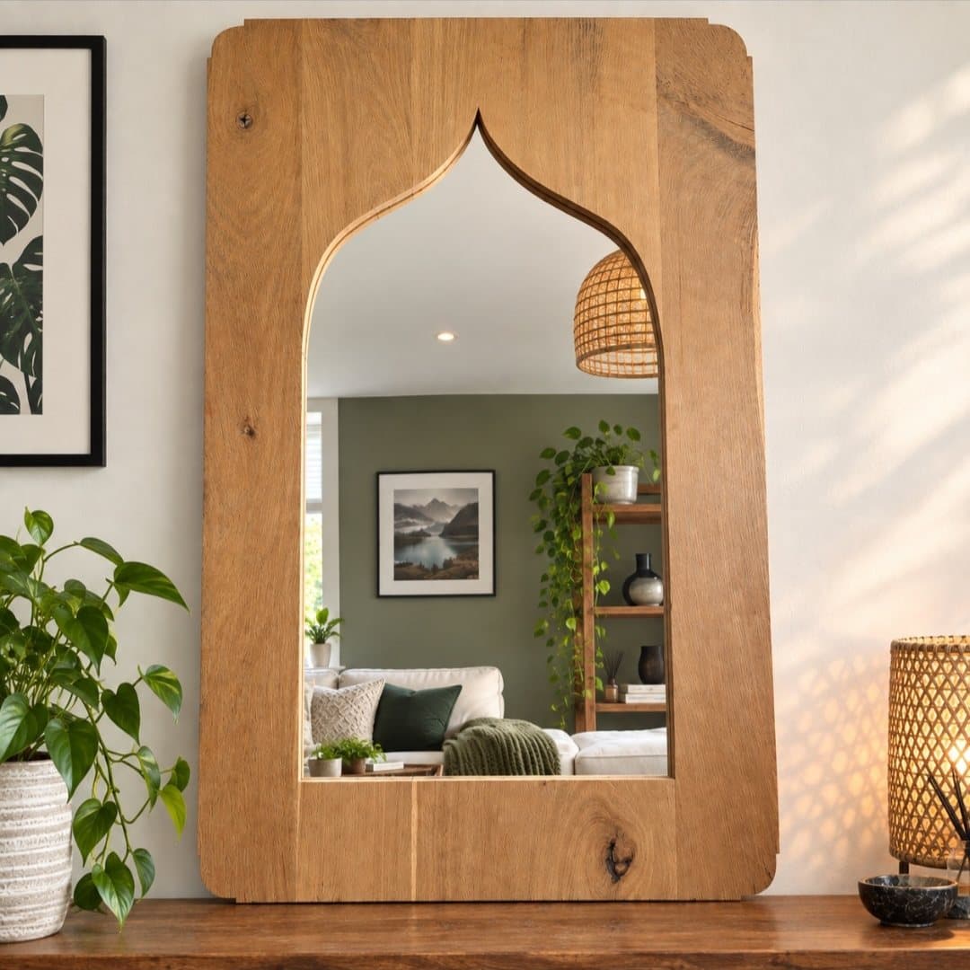 Oak mirror with an arched opening, leaning on a sideboard in a living room