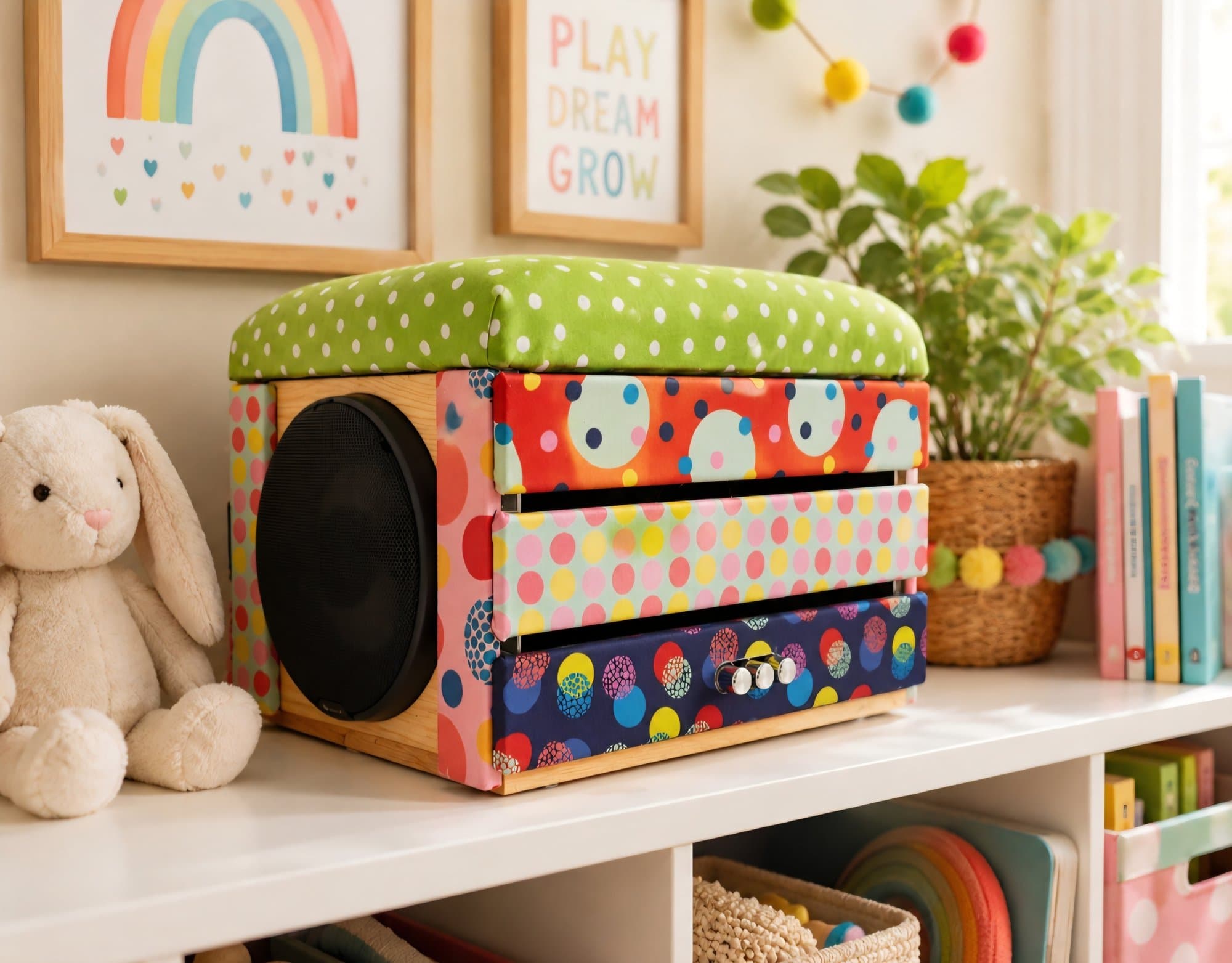 Polka dot cube speaker on a playroom shelf