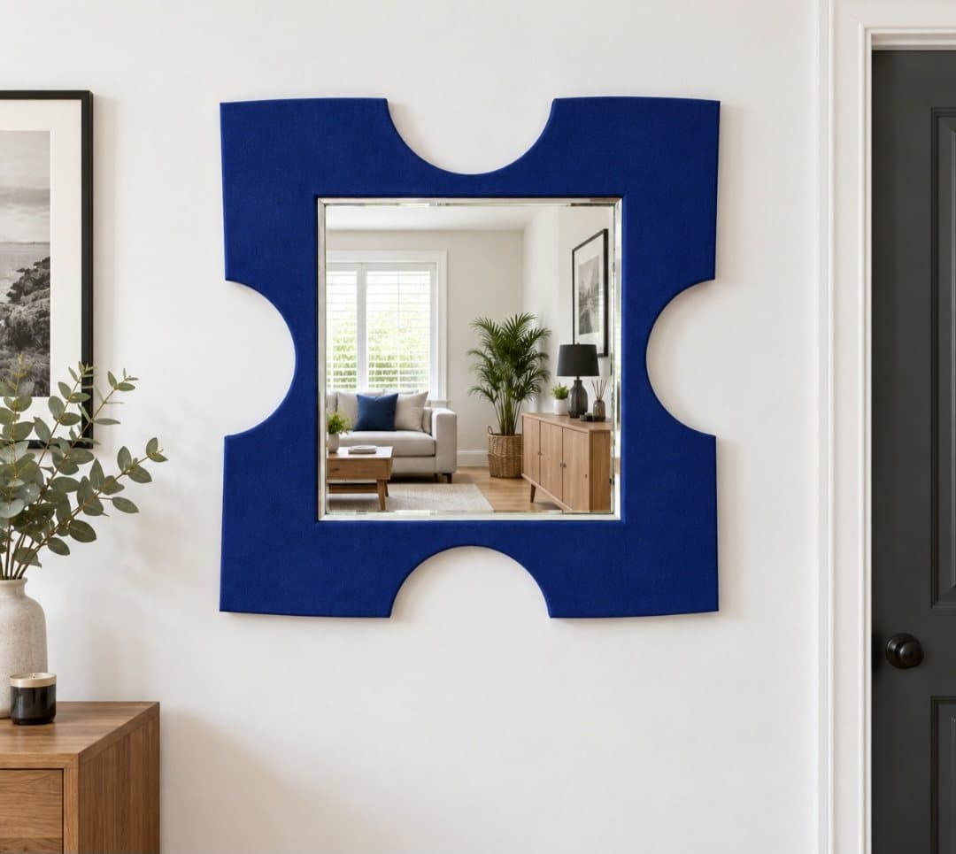 Blue jigsaw piece mirror on a white wall beside a sideboard