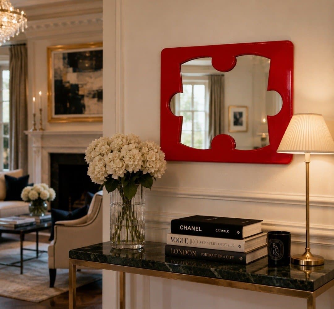 Red mirror frame with a jigsaw piece shaped opening, above a console table