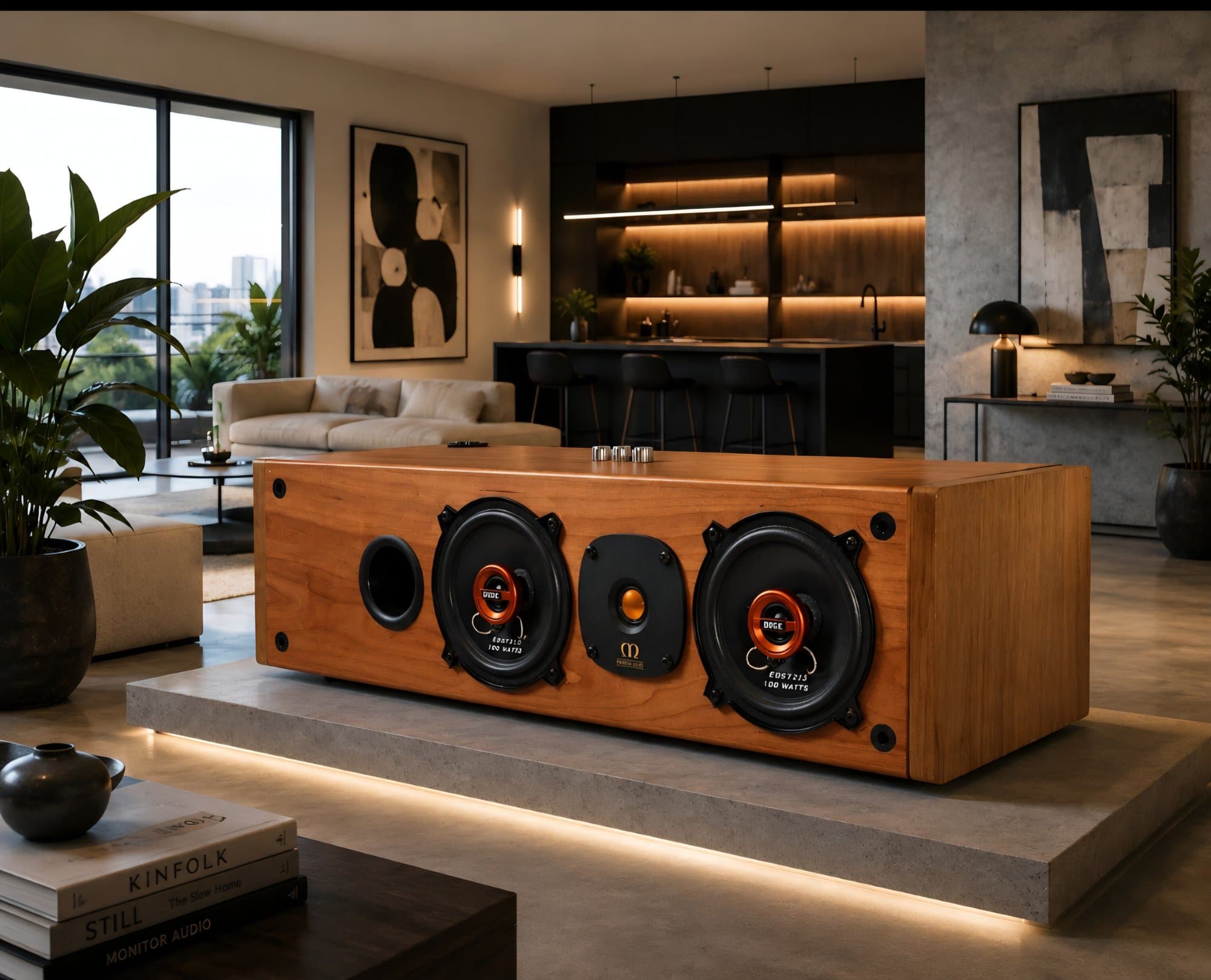 Timber soundbar on a coffee table in a modern living room
