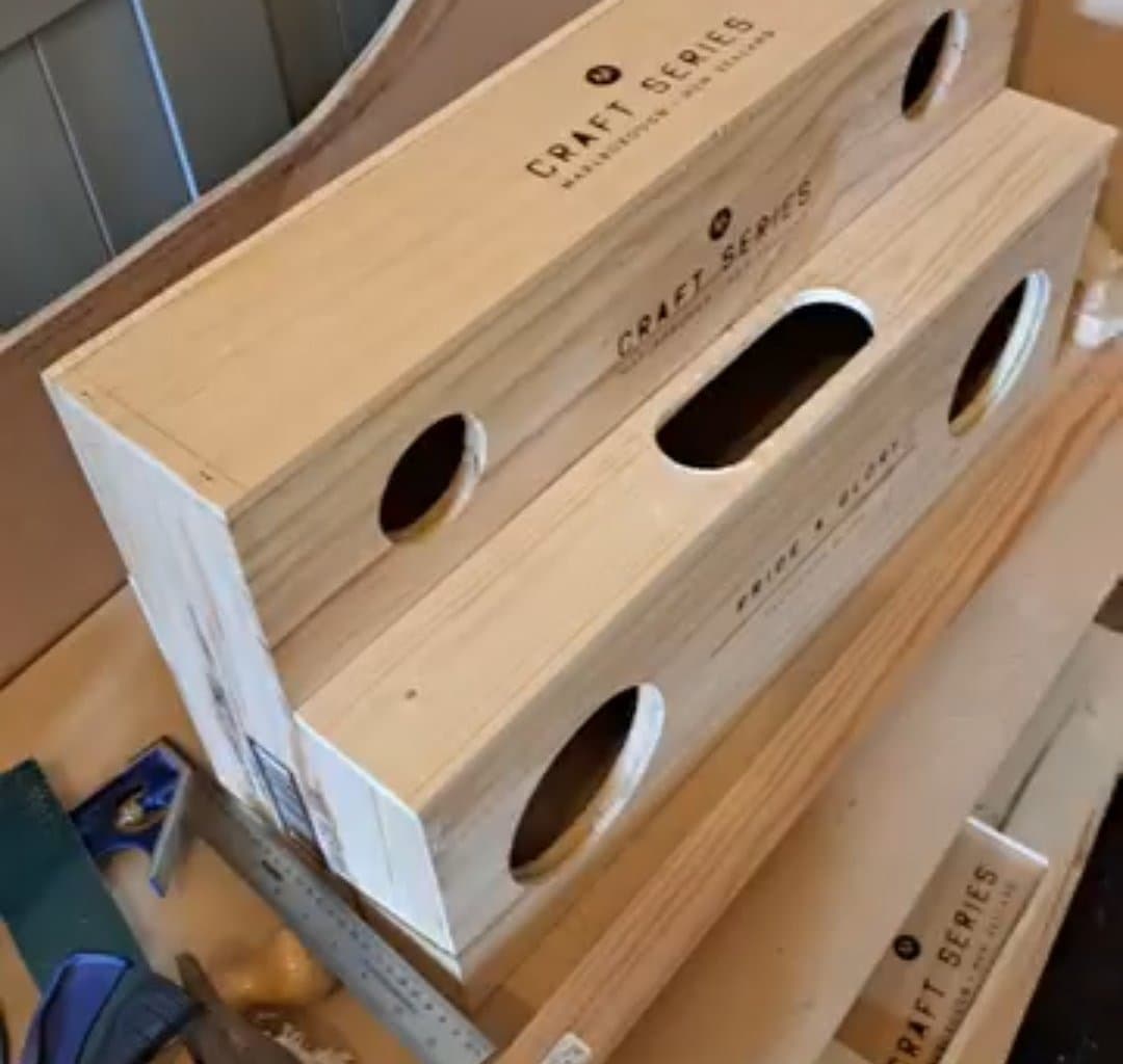 A wine box speaker under construction on the bench